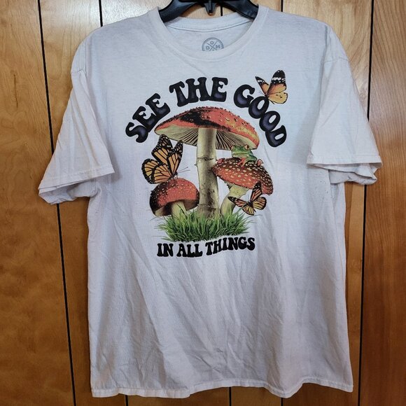 MUSHROOMS Shirt LARGE Short Sleeve See The Good In All Things Graphics White D1 - Picture 1 of 5